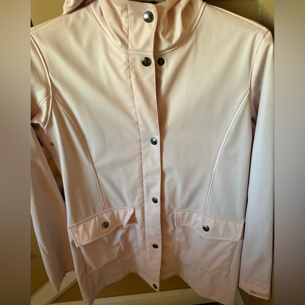 Gently worn light pink with navy blue lining raincoat